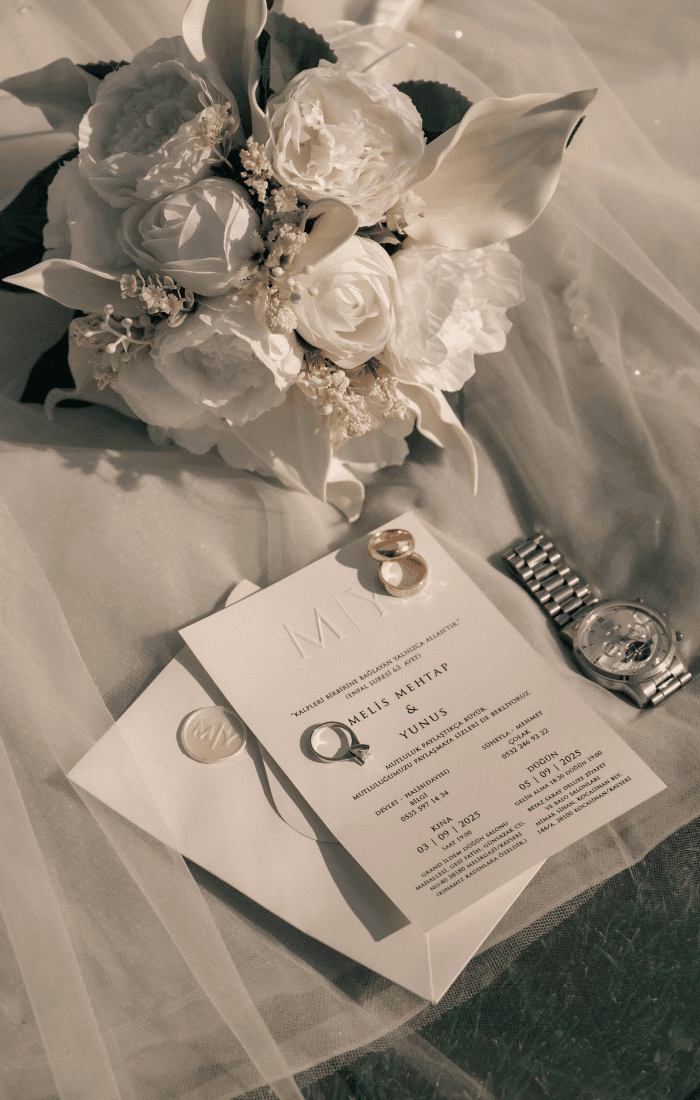 wedding rings, bouquet and vows
