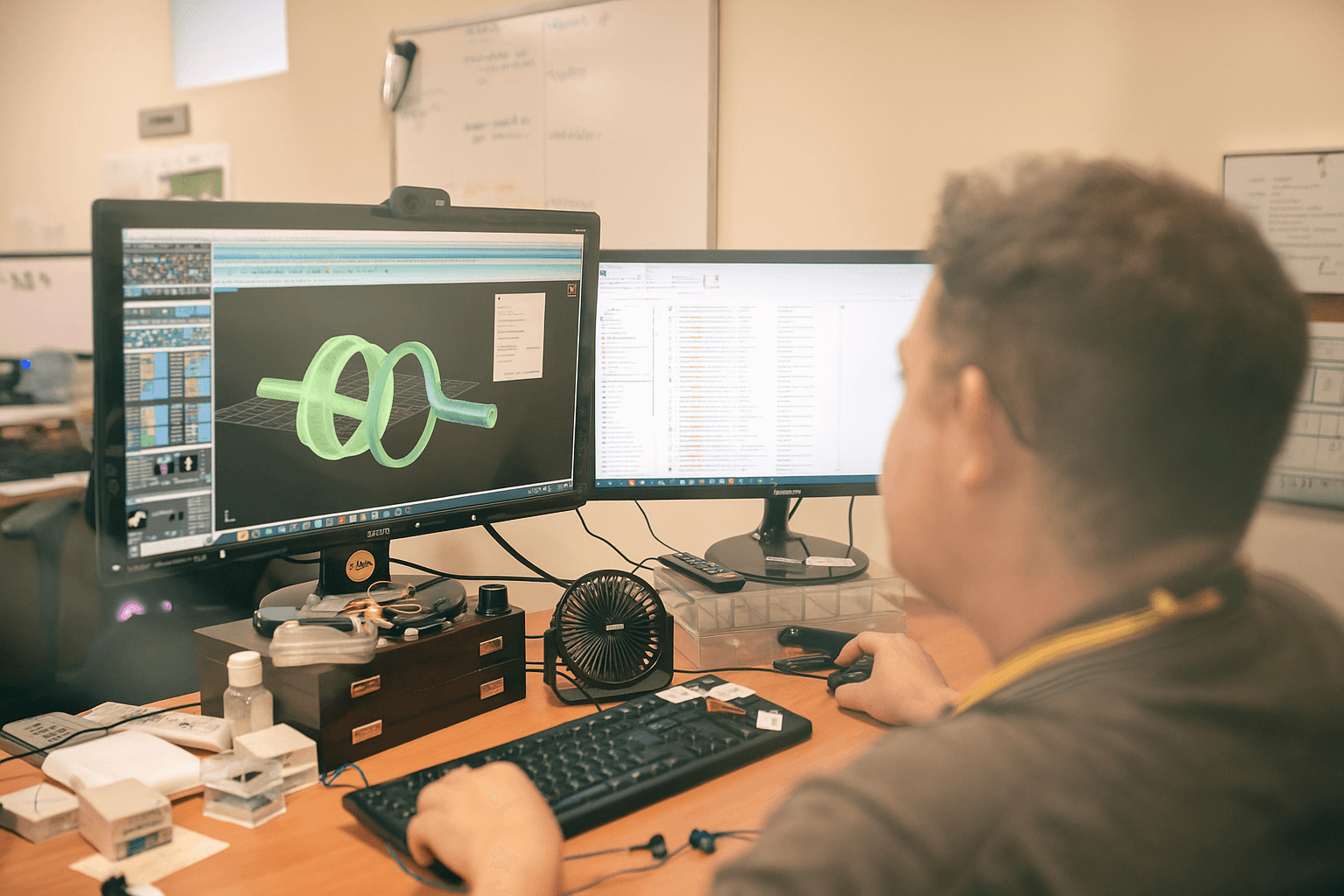 A jewelry designer creating a 3D model of a ring or component using Computer-Aided Design (CAD) software on dual monitors.