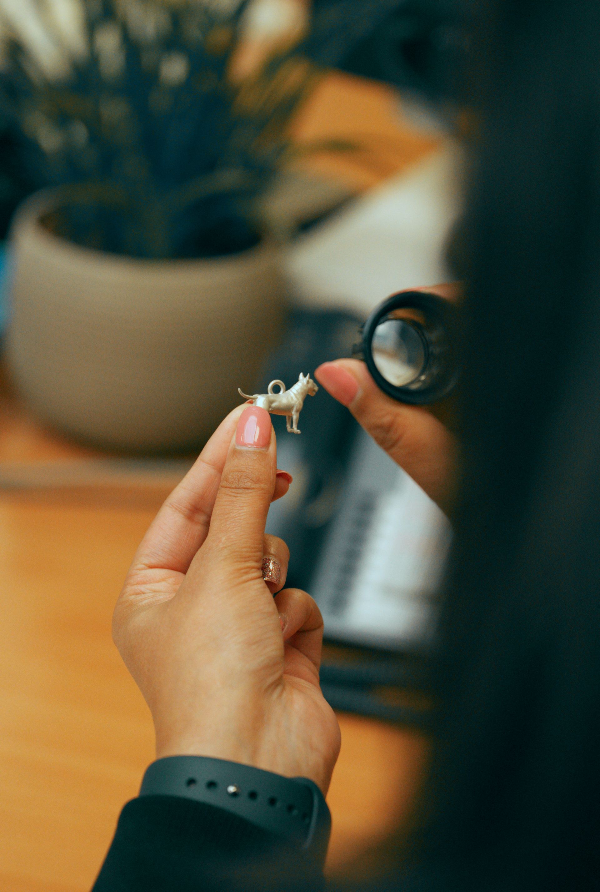 A person examines a small cat figurine closely with a magnifying glass. The setting has a warm tone with a blurred potted plant in the background.