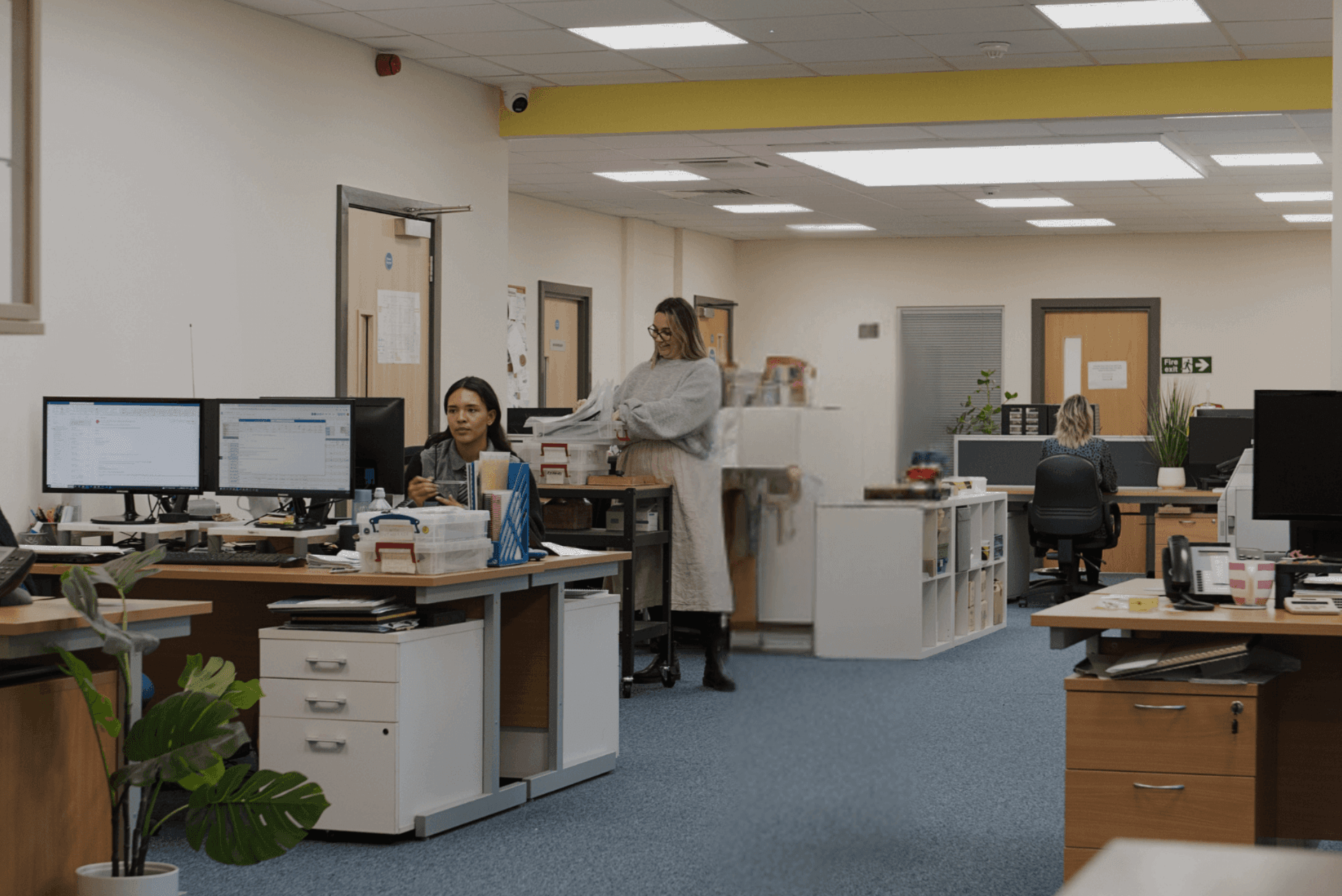 Two women collaborating at a desk in a modern, open-plan office setting with blue carpet and multiple workstations.