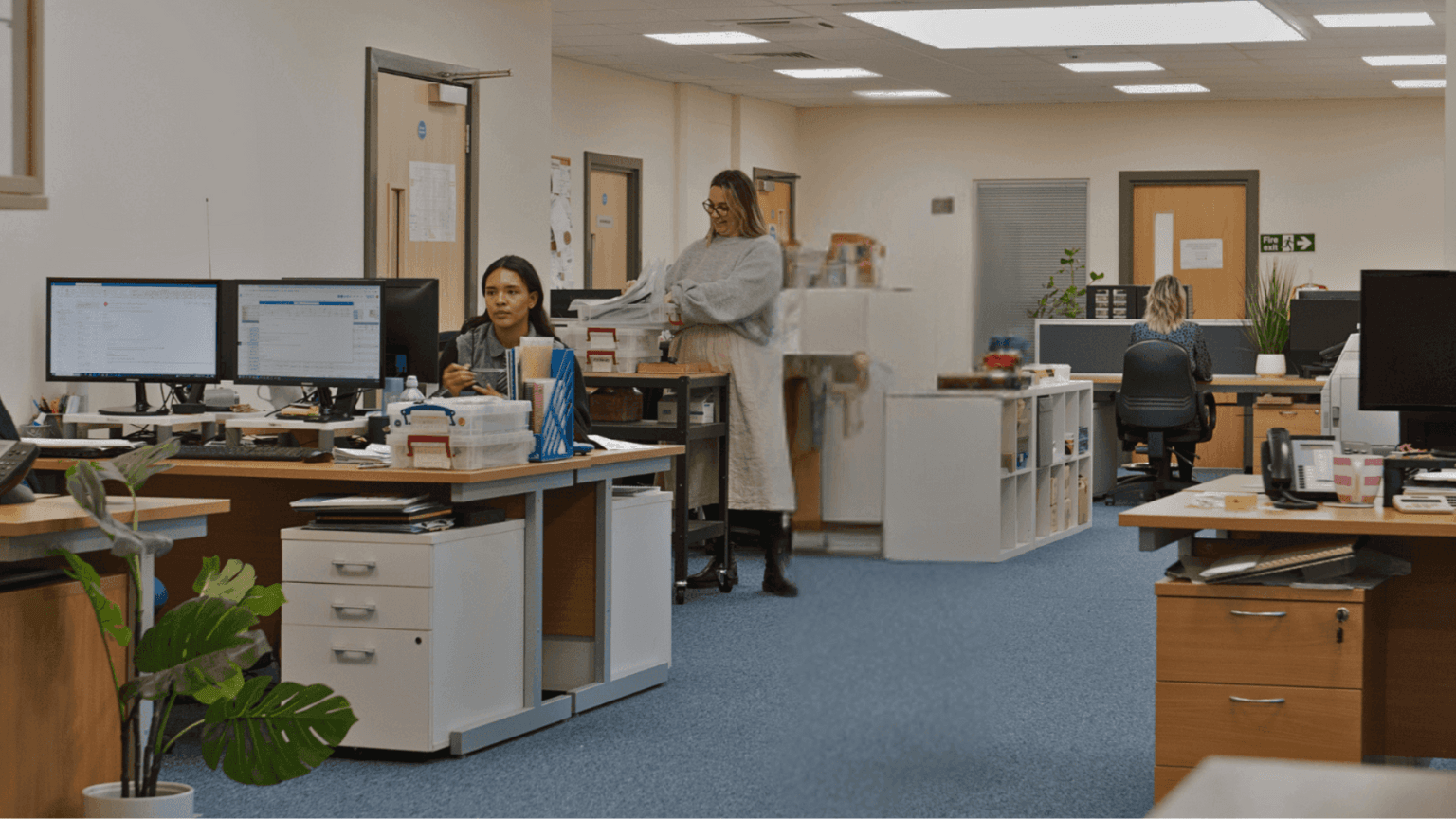 Two women collaborating at a desk in a modern, open-plan office setting with blue carpet and several workstations.